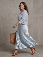 Luciana | Completo Gonna in Raso Tagliata in Sbieco con Coprispalle in Maglia