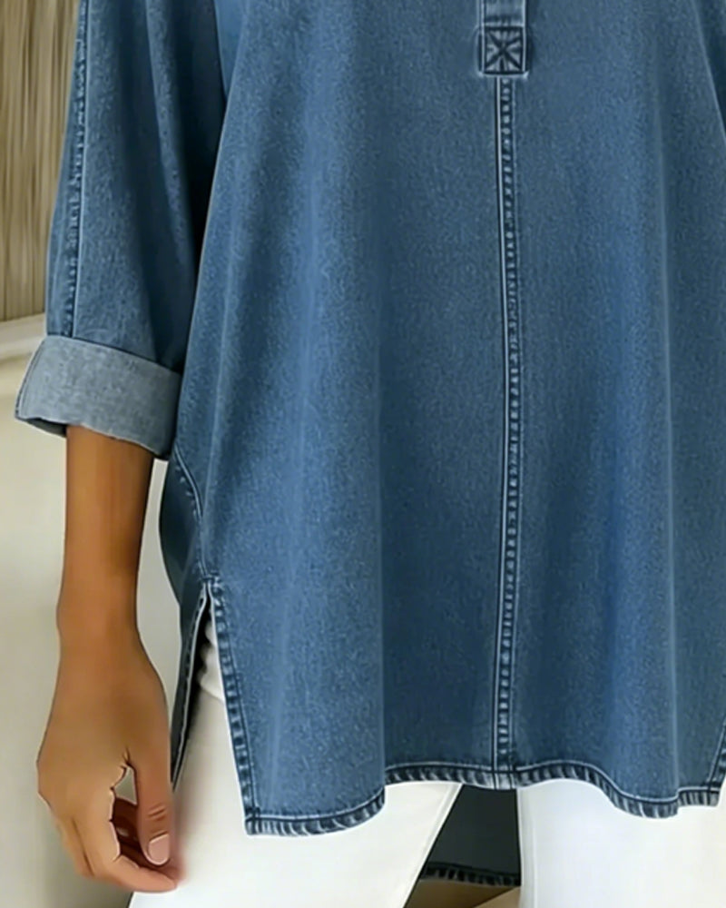 Camicia in denim con scollo a V e bottoni