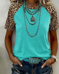 T-shirt con Stampa Leopardata e Maniche Raglan a Patchwork