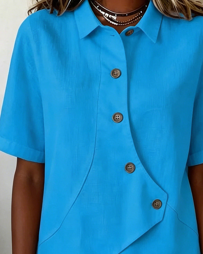 Camicia con Patta in Cotone-lino Asimmetrica abbottonata
