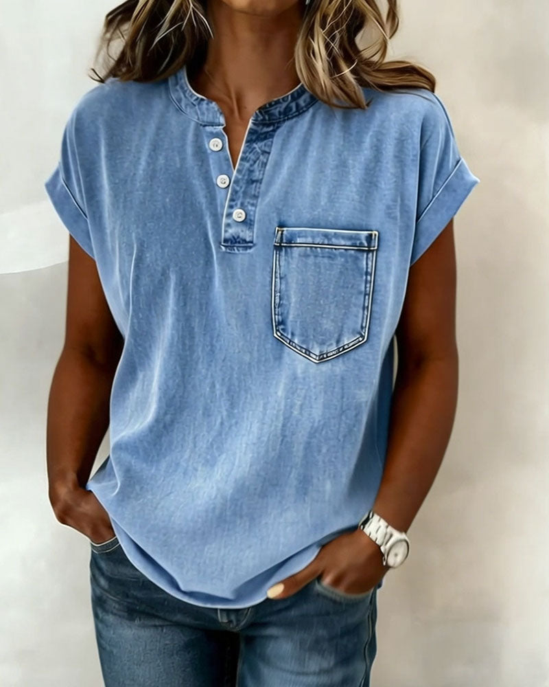 Top in denim lavato Henley a maniche corte