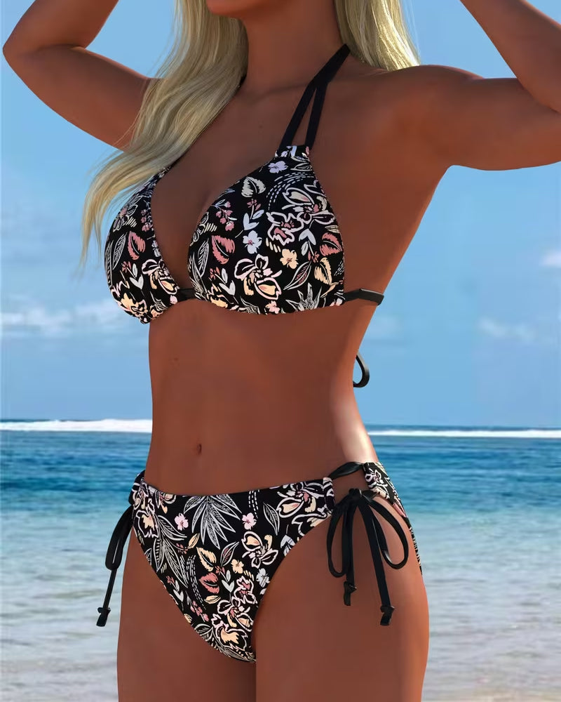 Bikini due pezzi con stampa floreale da annodare al collo