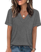 T-shirt a tinta unita con scollo a V casual a maniche corte