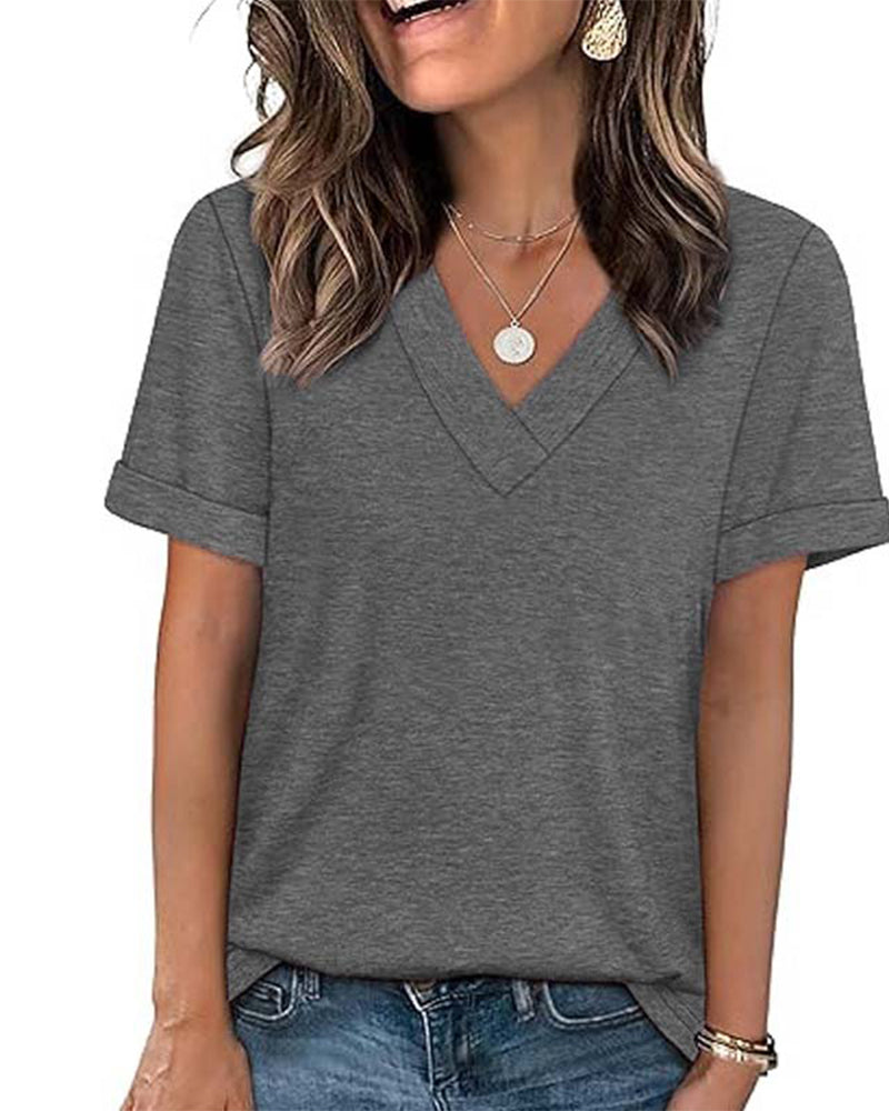 T-shirt a tinta unita con scollo a V casual a maniche corte
