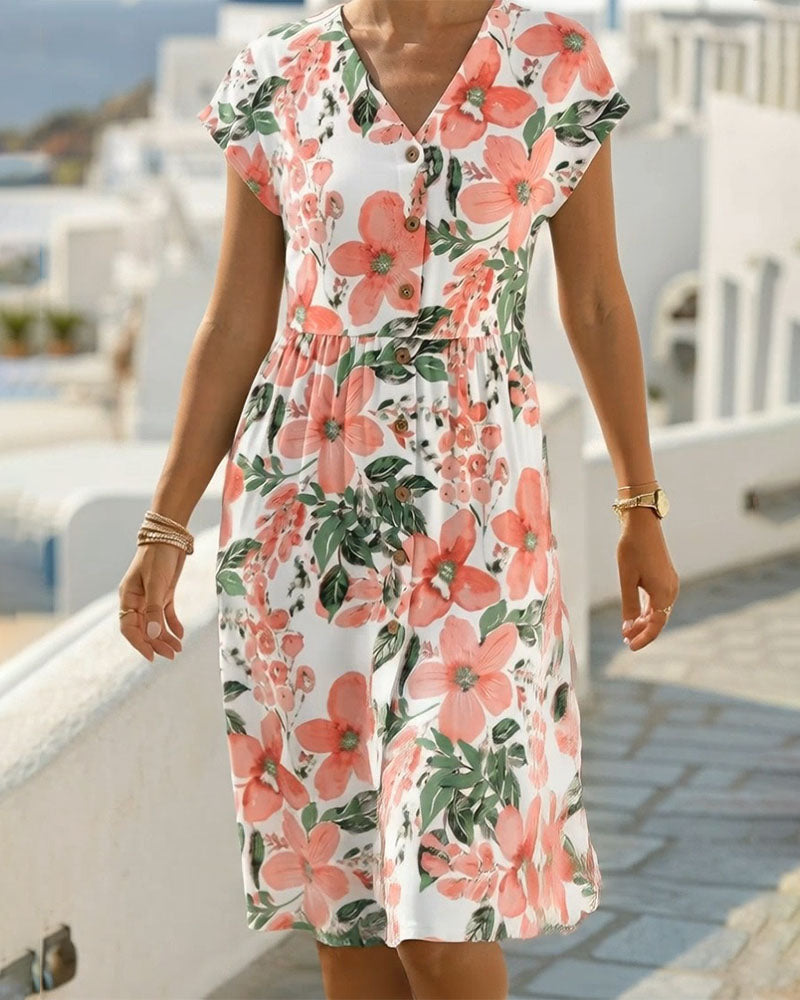 Vestito Stampa Floreale Scollo a V Maniche Corte
