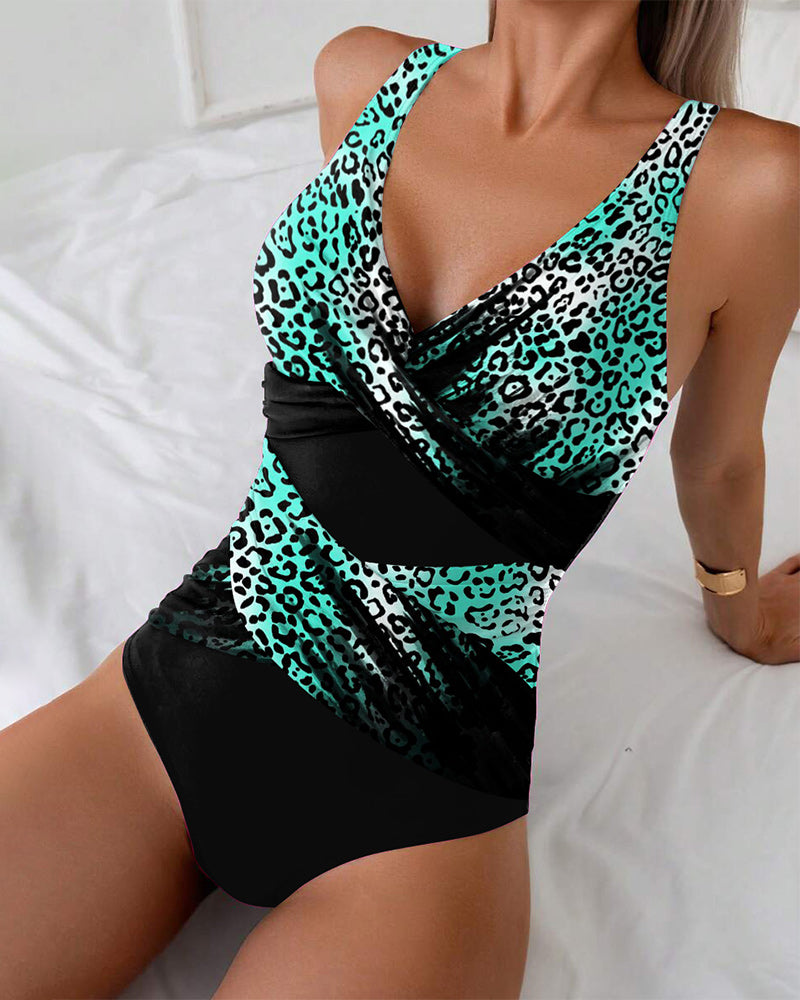 Costume da Bagno Intero Color Block Stampa Leopardata