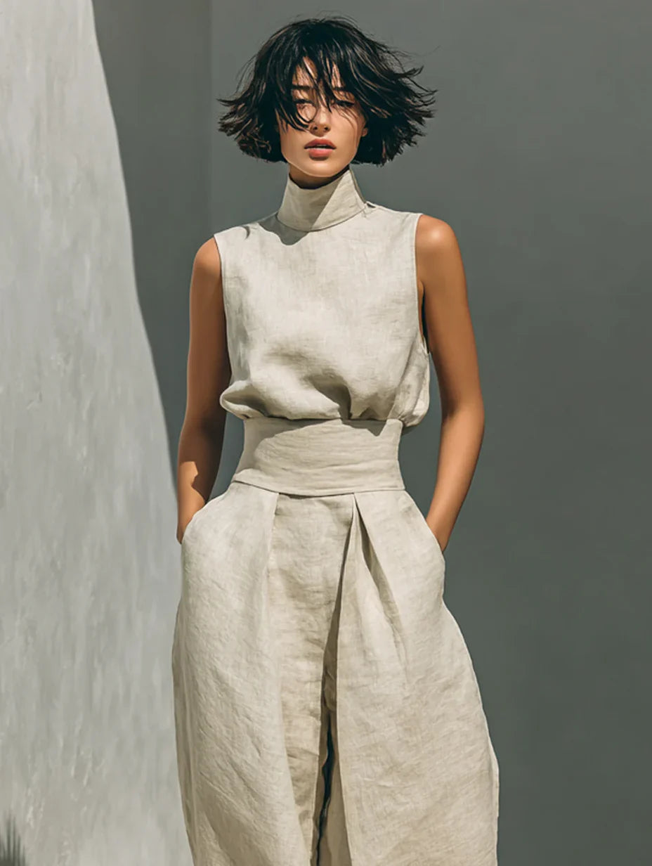Flor™ | Completo minimalista da donna con top senza maniche e pantaloni a gamba larga in cotone e lino