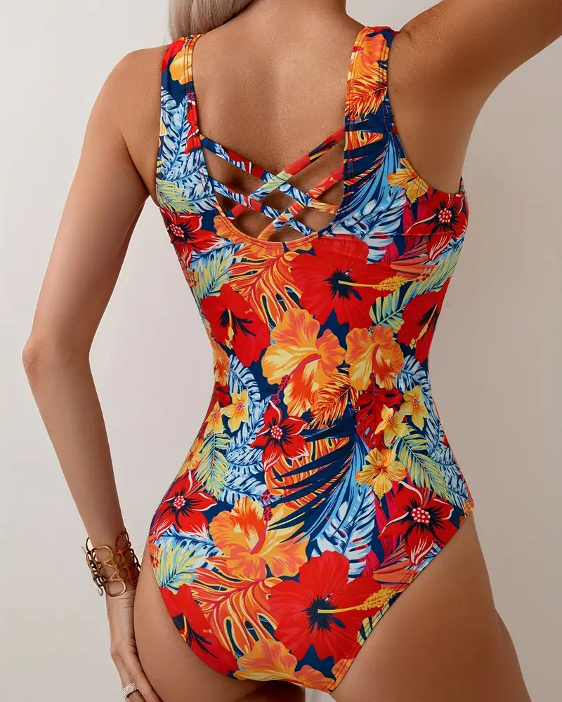 Costume da bagno intero scollo rotondo spalline larghe motivo floreale