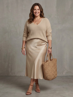 Luciana | Completo Gonna in Raso Tagliata in Sbieco con Coprispalle in Maglia