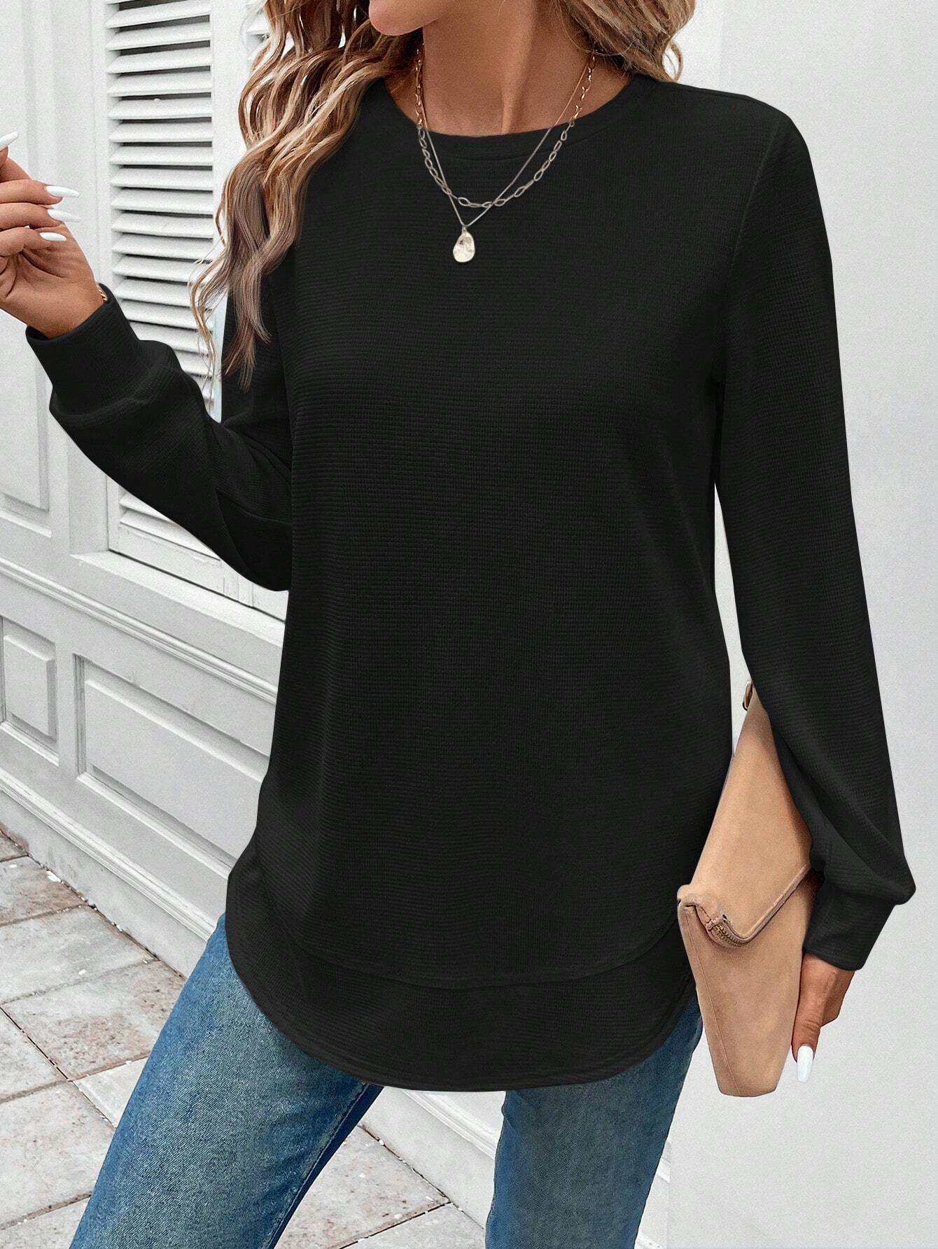 T-shirt girocollo a maniche lunghe tinta unita