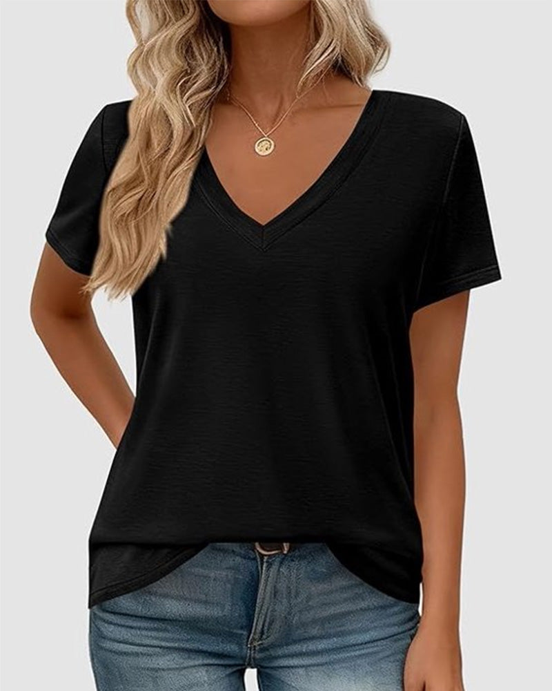 T-shirt pullover scollo a V a tinta unita