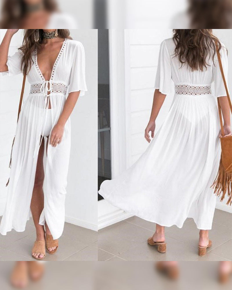Costume da bagno copricostume in pizzo intagliato con allacciatura