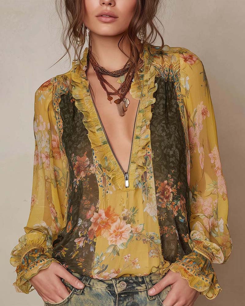 Camicetta mezza zip con stampa floreale