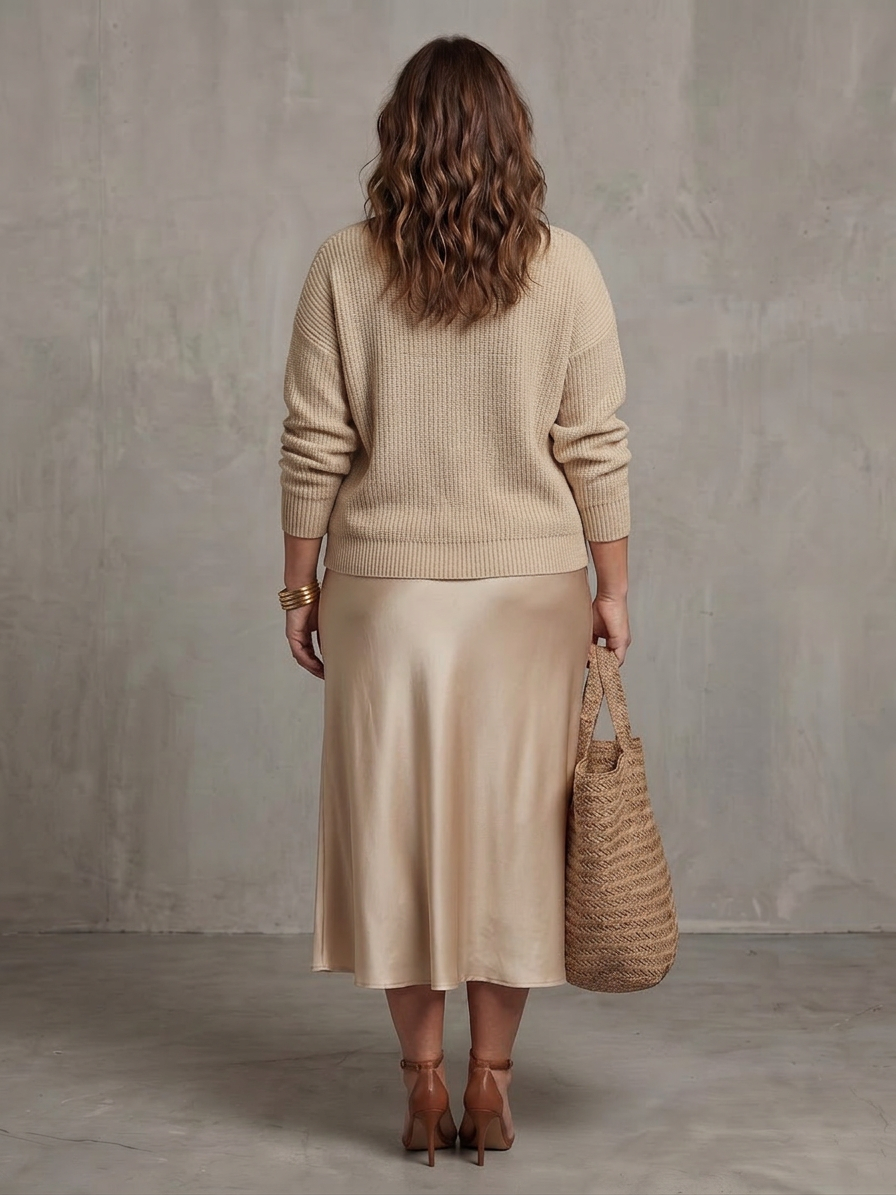 Luciana | Completo Gonna in Raso Tagliata in Sbieco con Coprispalle in Maglia