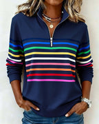 Felpa con mezza zip e strisce arcobaleno alla moda