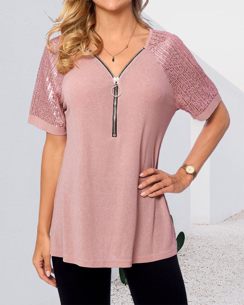 T-shirt con paillettes e maniche corte
