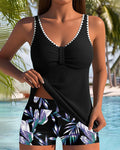 Tankini due pezzi stampato con foglie e boxer