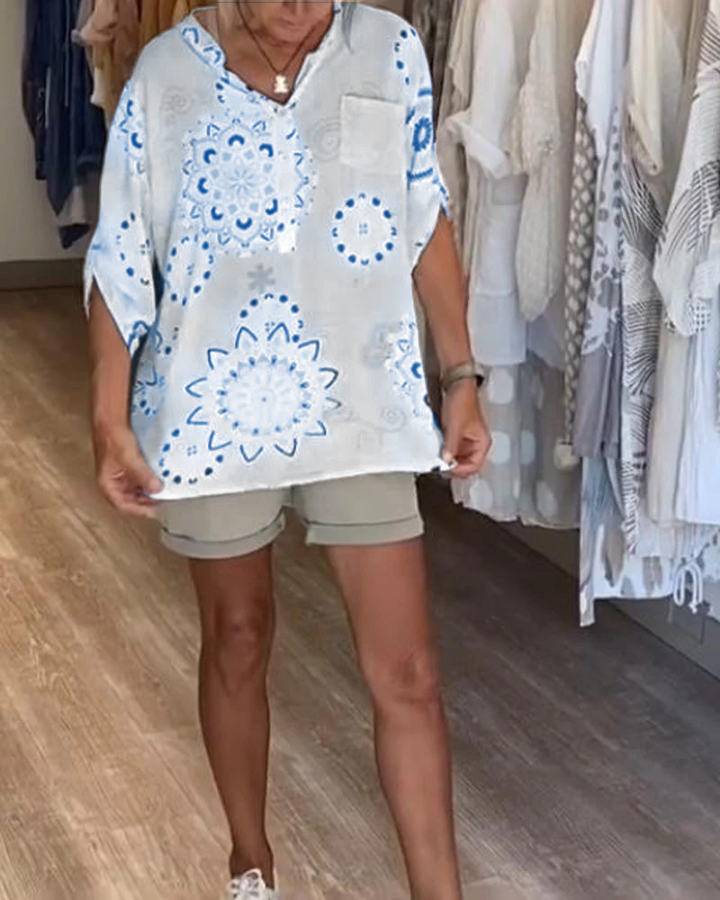 Camicetta Versatile con Stampa Scollo a V Maniche a Metà