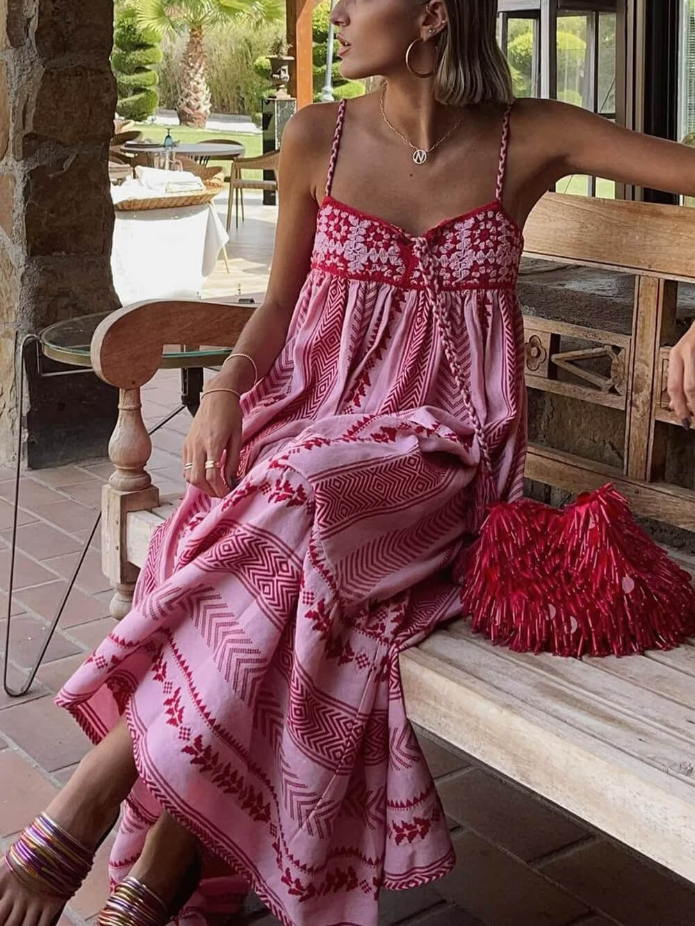 Abito lungo in maglia con patchwork uncinetto etnico