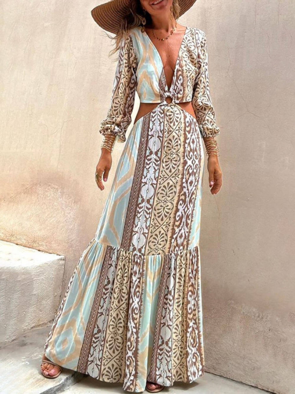 Vestito con scollo a V, stampa traforata unica e vita scoperta con fiocco