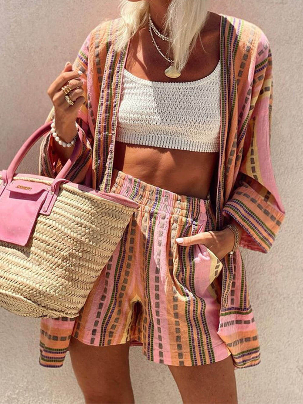 Set due pezzi top largo e shorts con stampa motivo astratto fashion