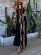 Maxi abito Meret Gold con stampa geometrica, scollo all'americana e schiena scoperta