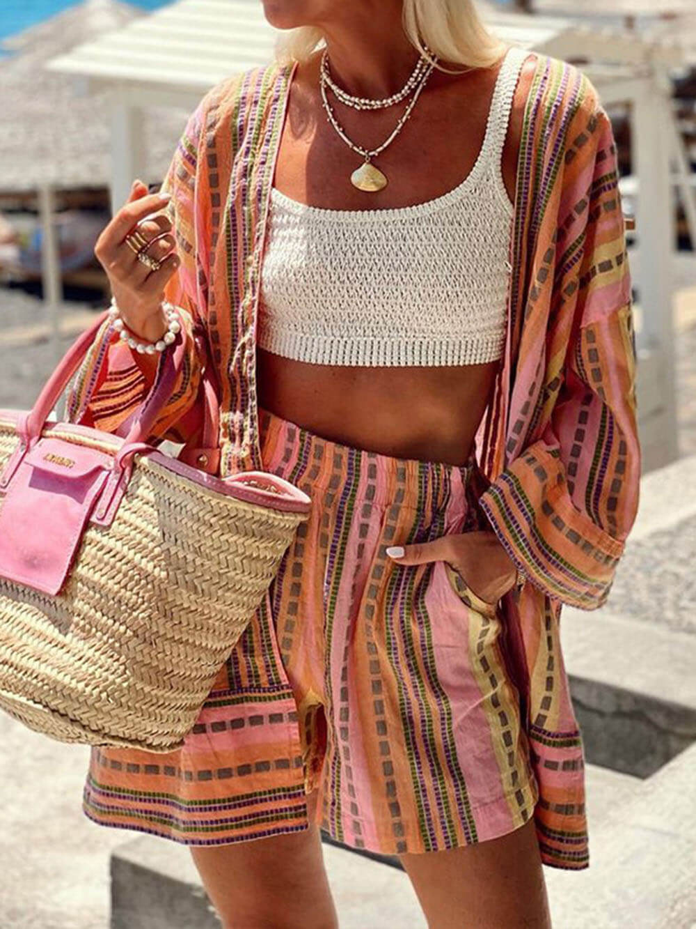 Set due pezzi top largo e shorts con stampa motivo astratto fashion