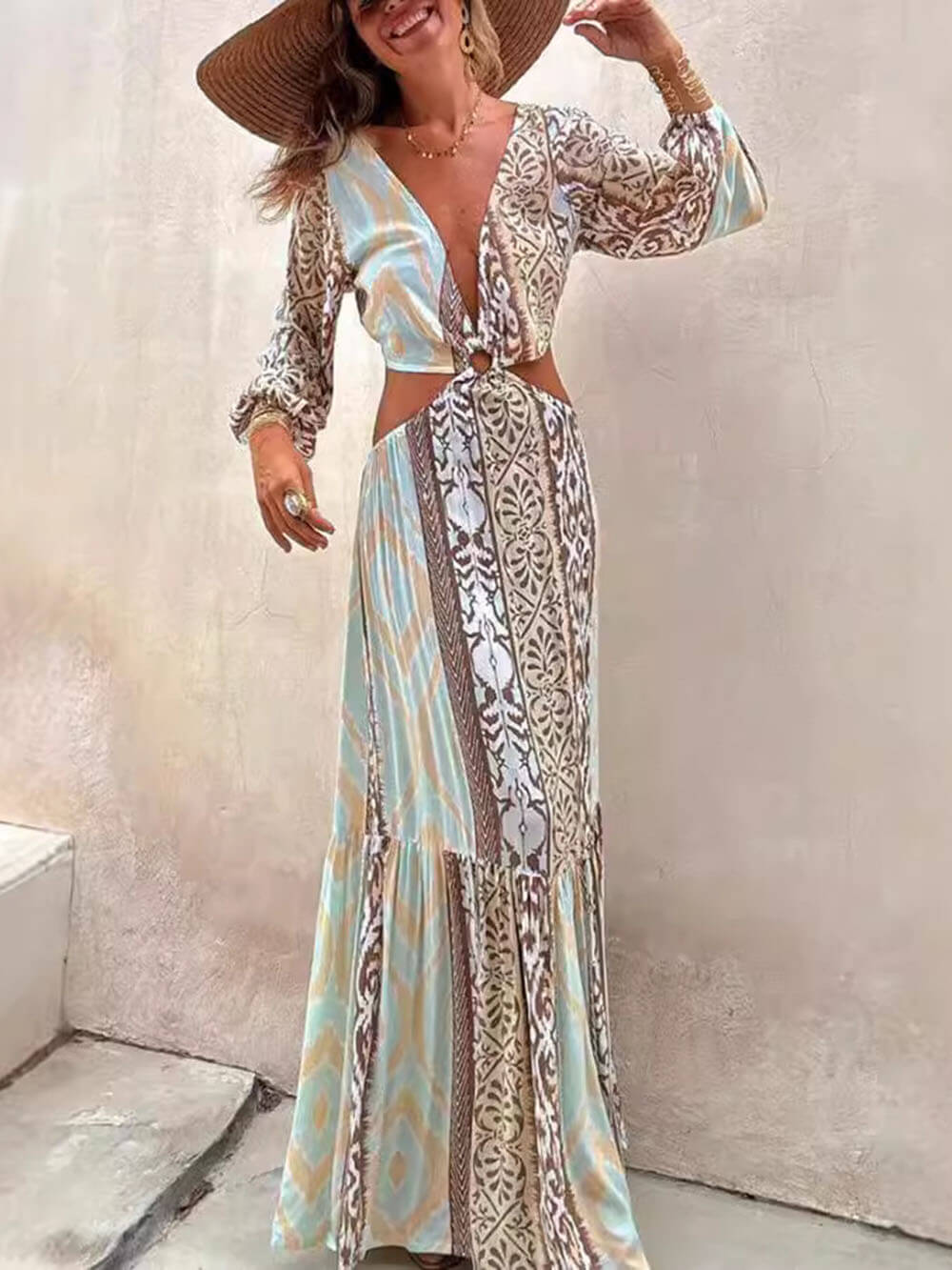 Vestito con scollo a V, stampa traforata unica e vita scoperta con fiocco