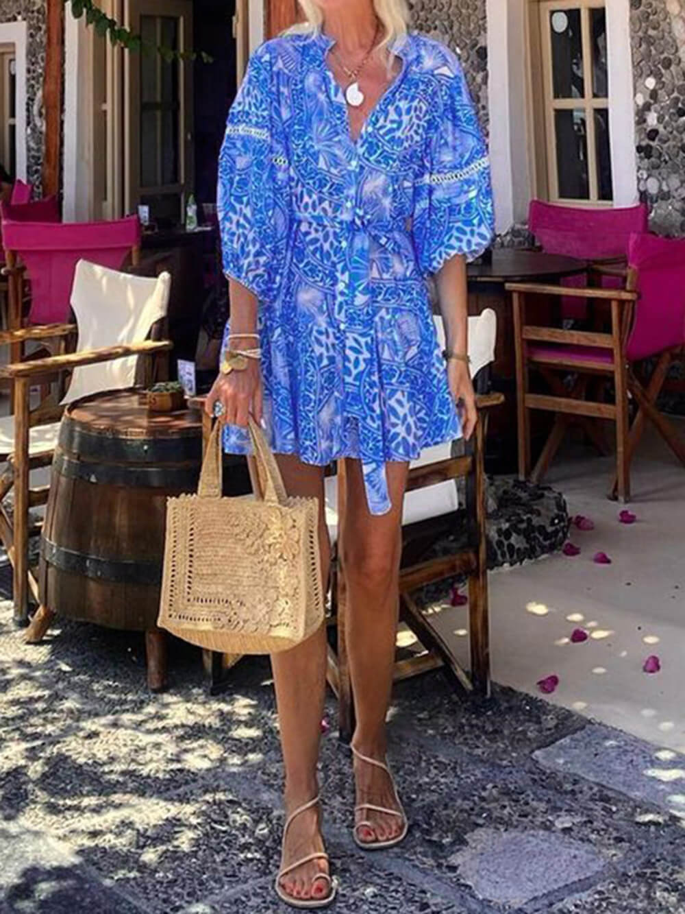 Minivestito stampato da resort con colletto alla coreana e taglio dritto