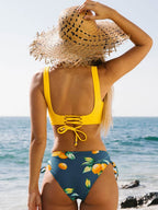 Completo bikini a vita media con stampa floreale bohémien e laccetti