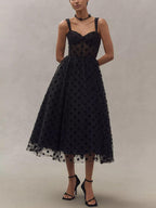Squisito Abito Midi Svasato in Tulle a Pois con Busto a Cuore Perfetto