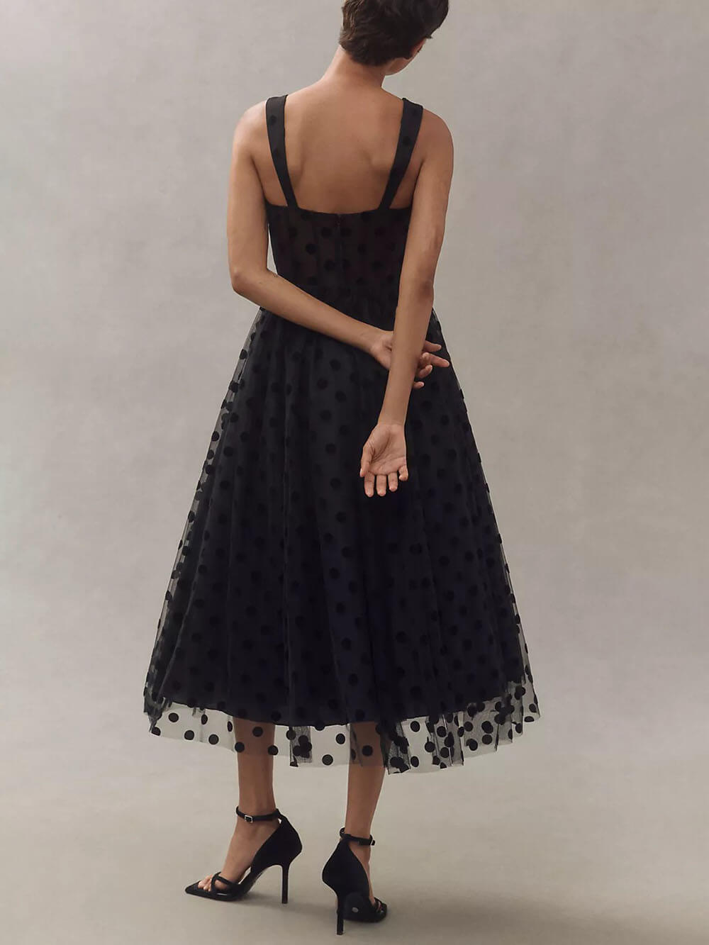 Squisito Abito Midi Svasato in Tulle a Pois con Busto a Cuore Perfetto