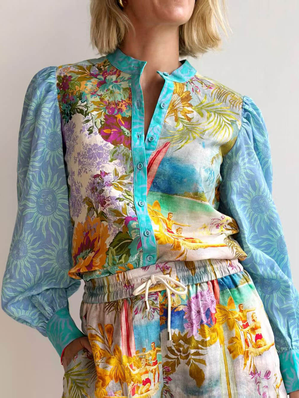 Set Camicia a Maniche Lunghe e Pantaloncini in Lino con Stampa Classica Unica