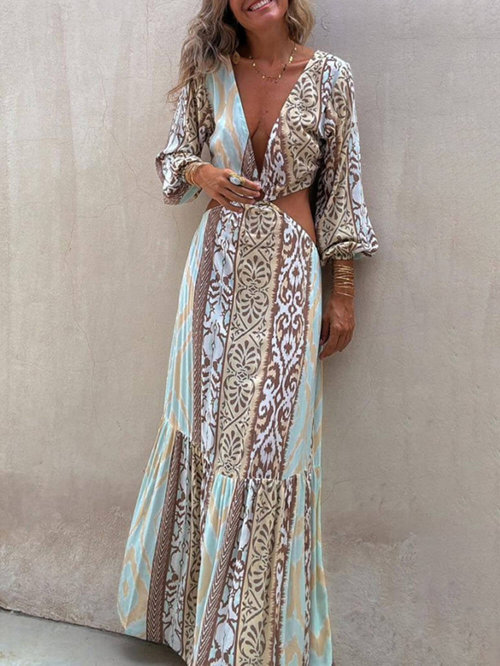 Vestito con scollo a V, stampa traforata unica e vita scoperta con fiocco