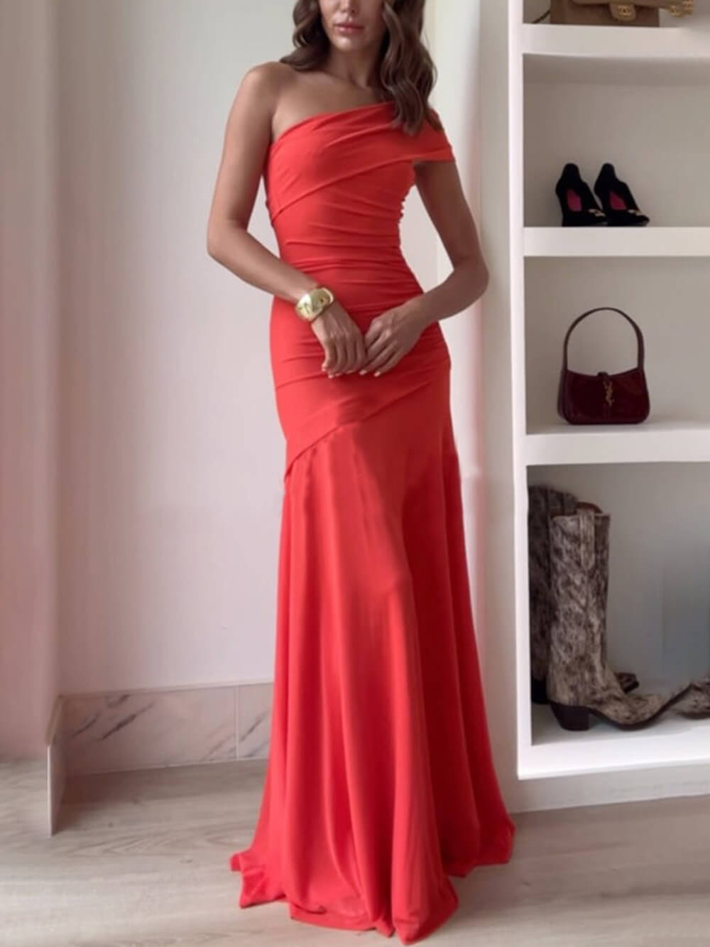 Abito lungo elasticizzato con spalle scoperte, arricciato e in rete Elegance Effortless