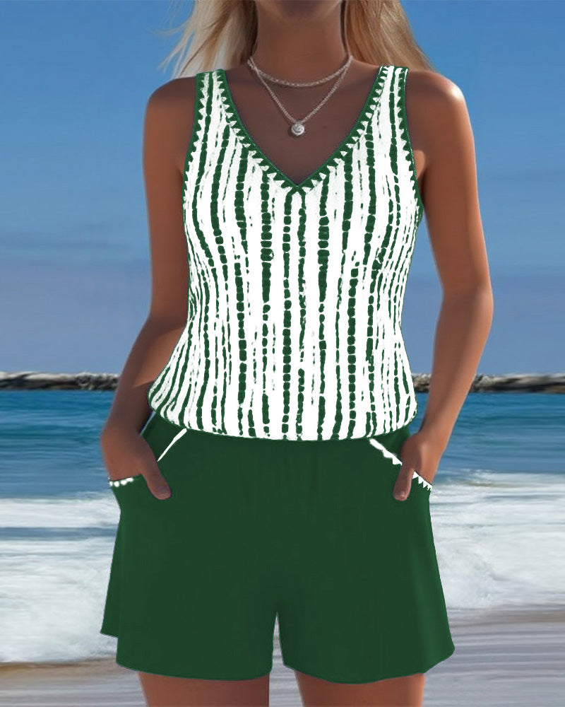 Costume da bagno casual a due pezzi con scollo a V e stampa a tasche