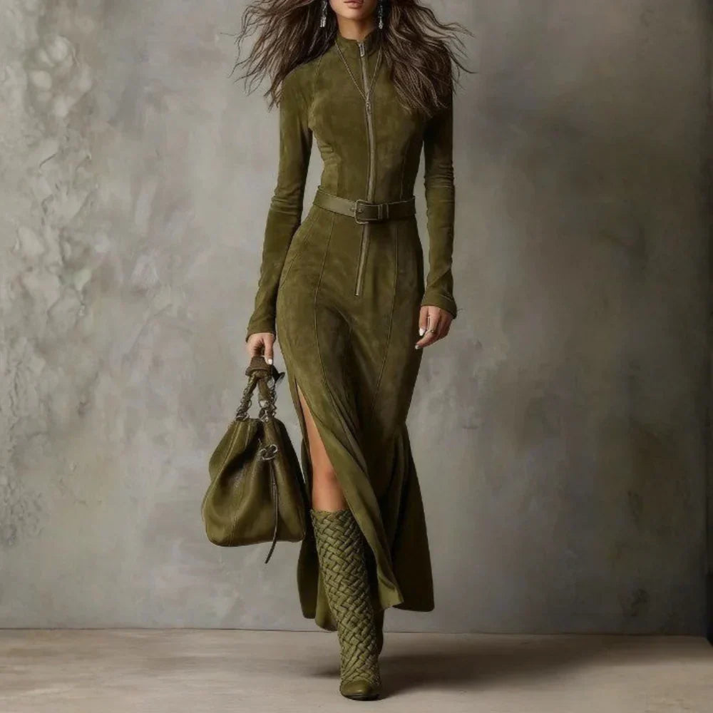 Maria - Vestito lungo in camoscio elegante con spacco e cintura