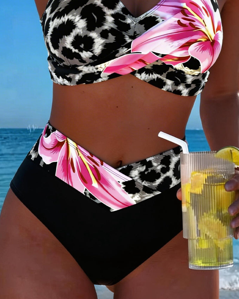 Bikini Leopardato Stampa Floreale Colore a Contrasto