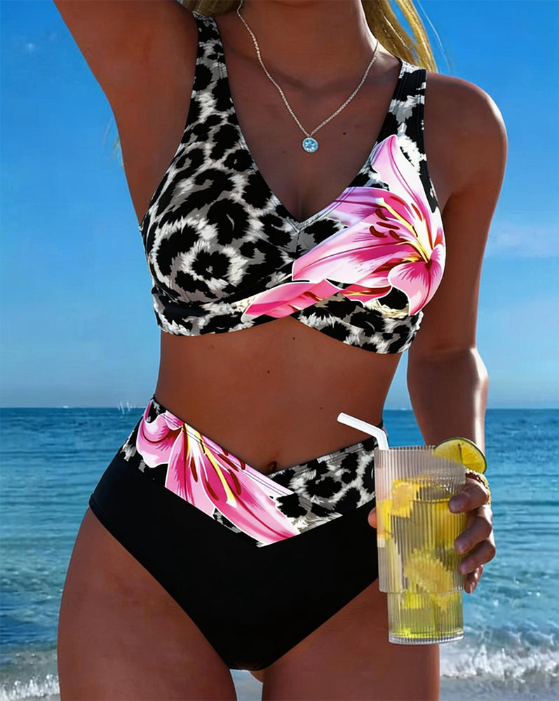 Bikini Leopardato Stampa Floreale Colore a Contrasto