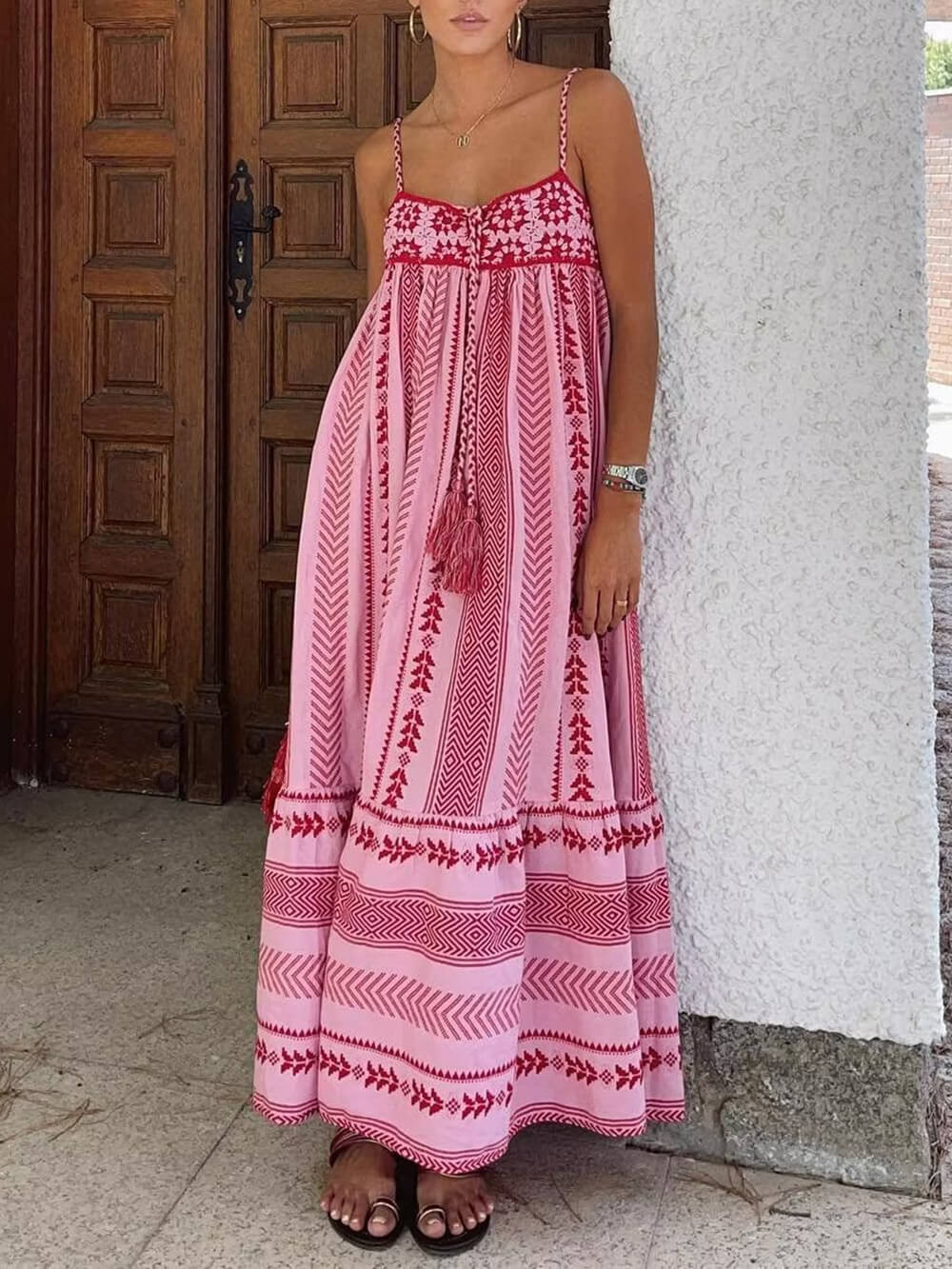 Abito lungo in maglia con patchwork uncinetto etnico