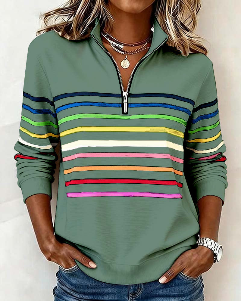 Felpa con mezza zip e strisce arcobaleno alla moda