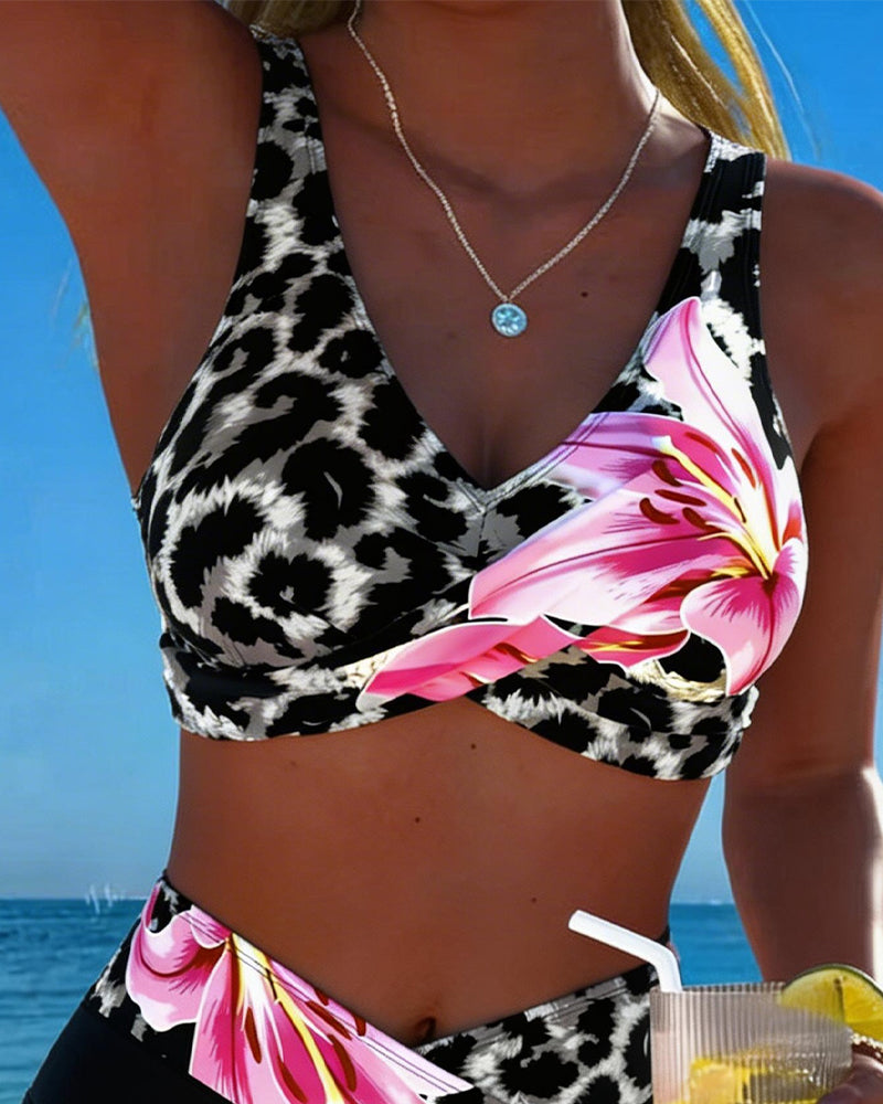 Bikini Leopardato Stampa Floreale Colore a Contrasto