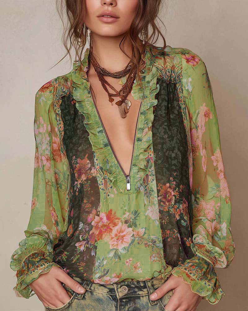 Camicetta mezza zip con stampa floreale