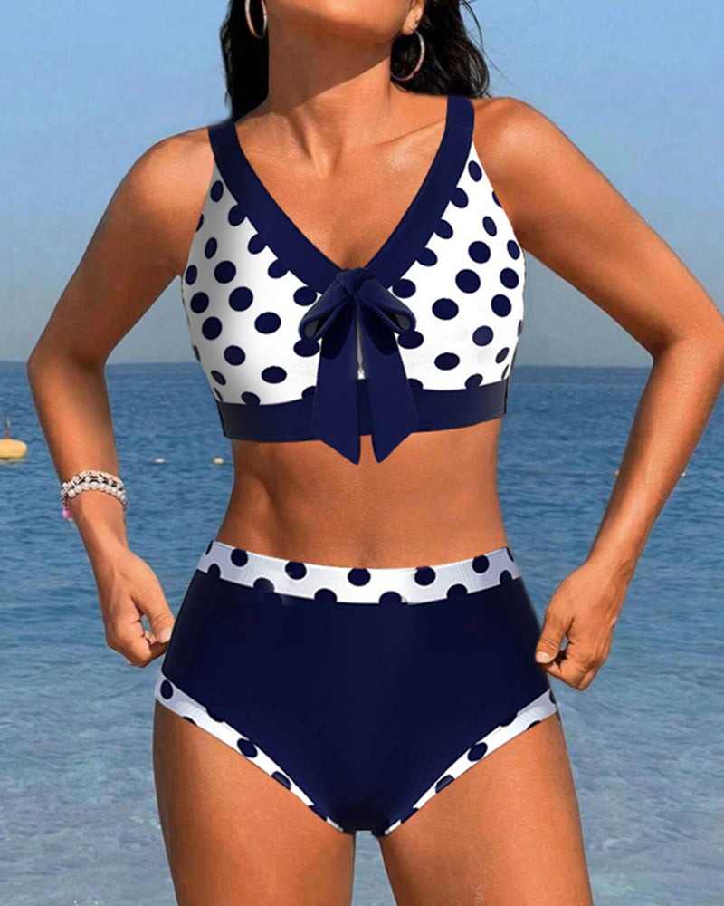 Bikini a vita alta patchwork a pois