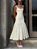 Abito midi elegante con scollo quadrato e spalline larghe con vita scesa