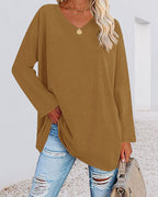 T-shirt donna tinta unita scollo a V maniche lunghe