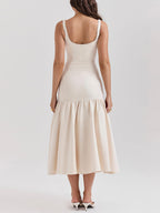 Abito midi elegante con scollo quadrato e spalline larghe con vita scesa