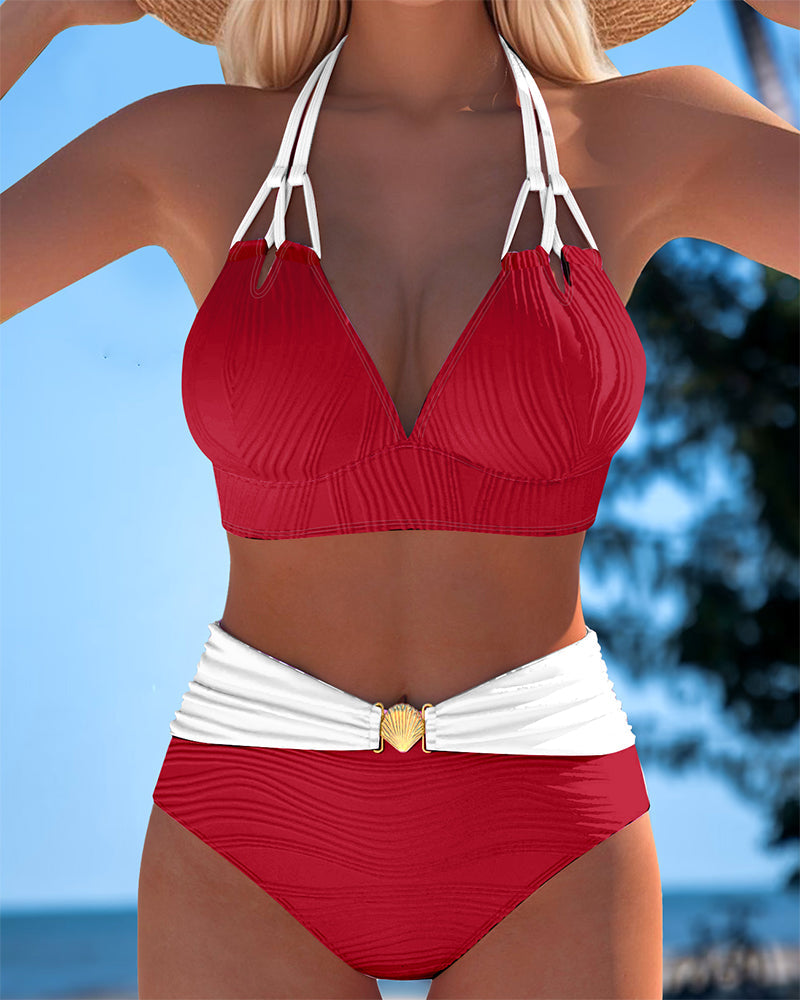 Costume da bagno a doppia bretella a vita alta a colori a contrasto