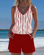 Costume da bagno casual a due pezzi con scollo a V e stampa a tasche