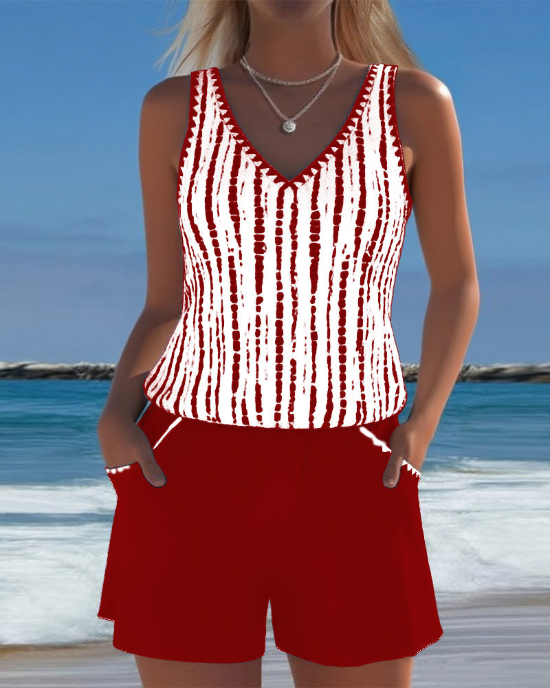 Costume da bagno casual a due pezzi con scollo a V e stampa a tasche